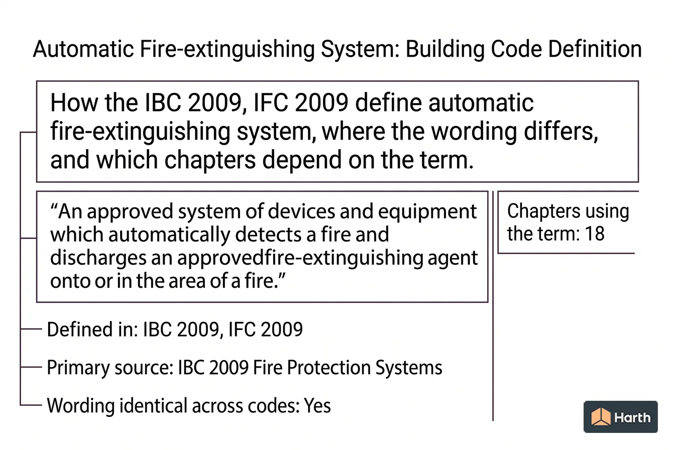 Labeled code-term definition diagram: Automatic Fire-extinguishing System: Building Code Definition