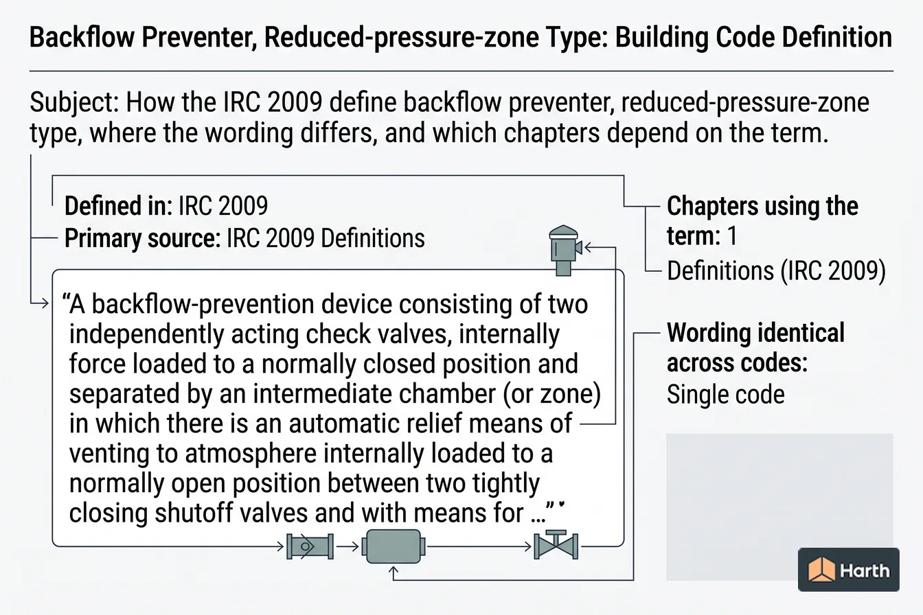 Labeled code-term definition diagram: Backflow Preventer, Reduced-pressure-zone Type: Building Code Definition