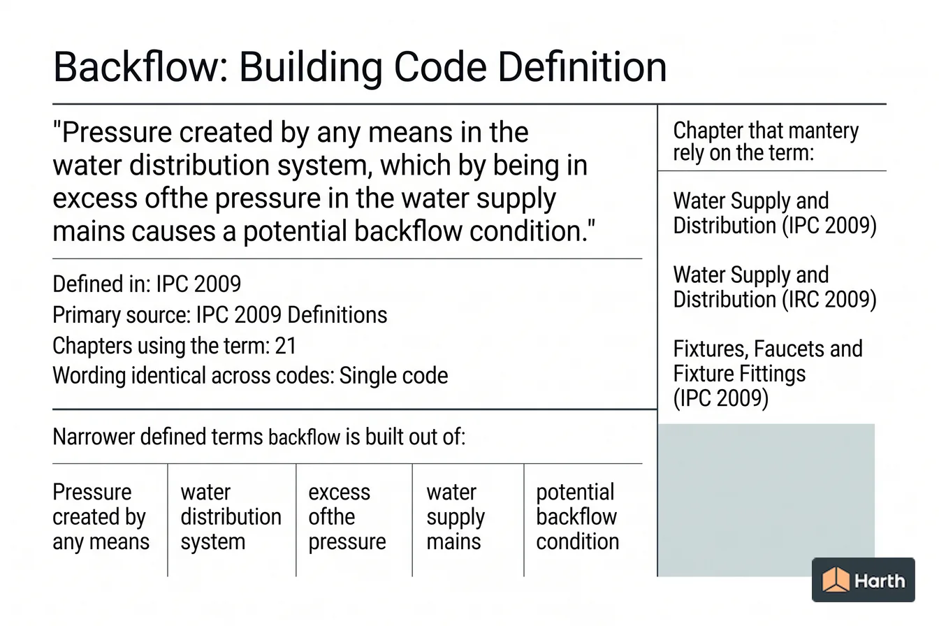 Labeled code-term definition diagram: Backflow: Building Code Definition