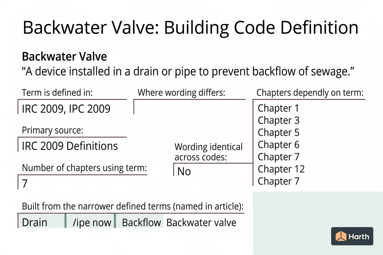 Labeled code-term definition diagram: Backwater Valve: Building Code Definition