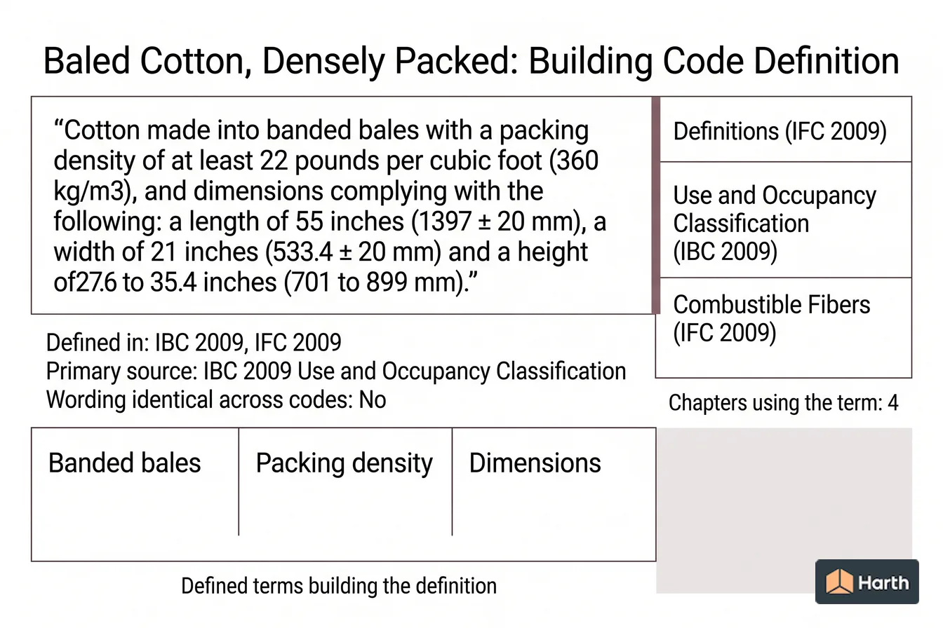 Labeled code-term definition diagram: Baled Cotton, Densely Packed: Building Code Definition