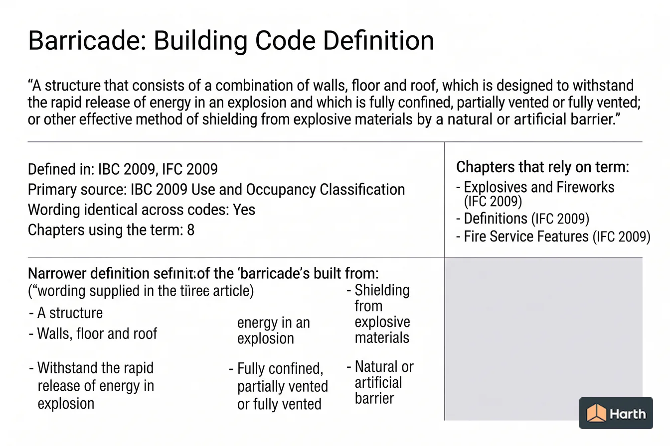 Labeled code-term definition diagram: Barricade: Building Code Definition