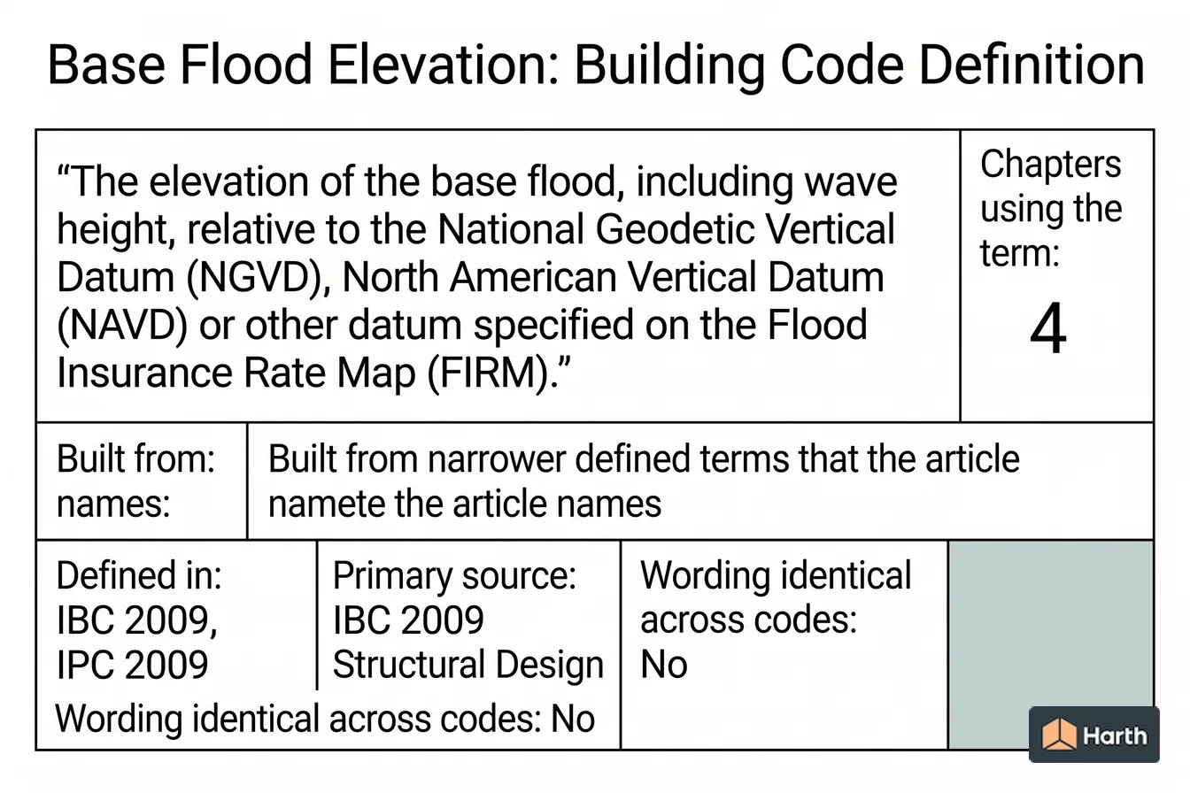 Labeled code-term definition diagram: Base Flood Elevation: Building Code Definition