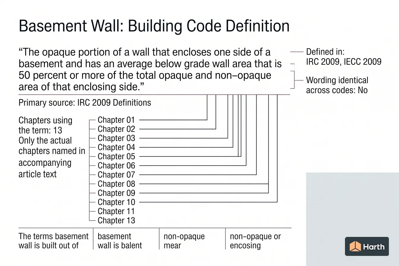 Labeled code-term definition diagram: Basement Wall: Building Code Definition