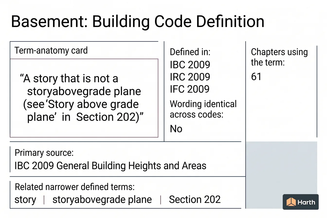 Labeled code-term definition diagram: Basement: Building Code Definition