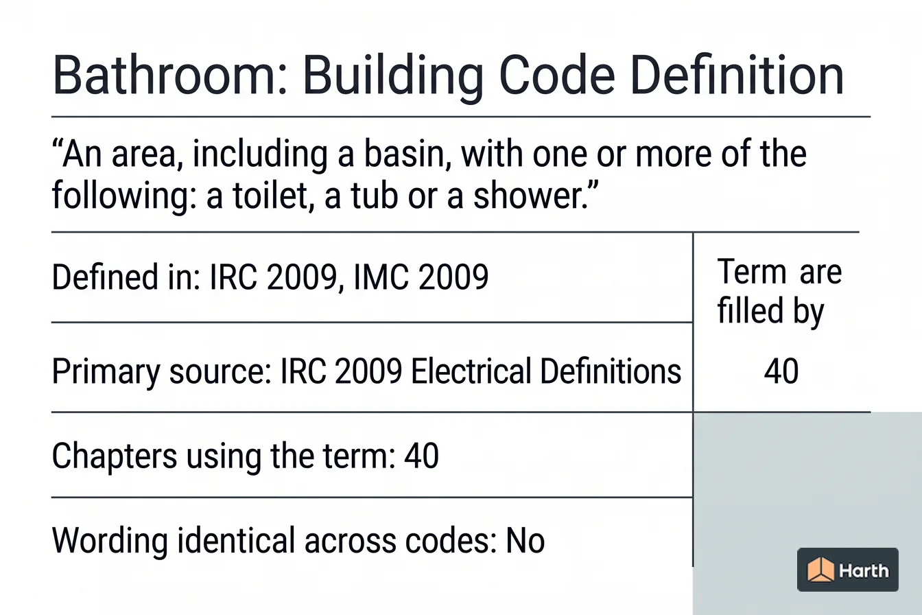 Labeled code-term definition diagram: Bathroom: Building Code Definition