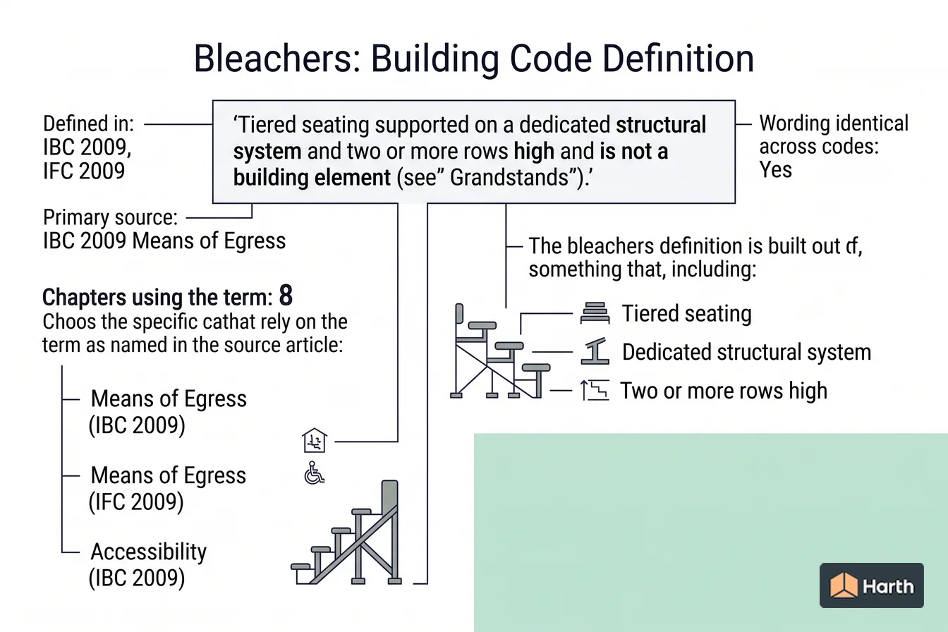 Labeled code-term definition diagram: Bleachers: Building Code Definition
