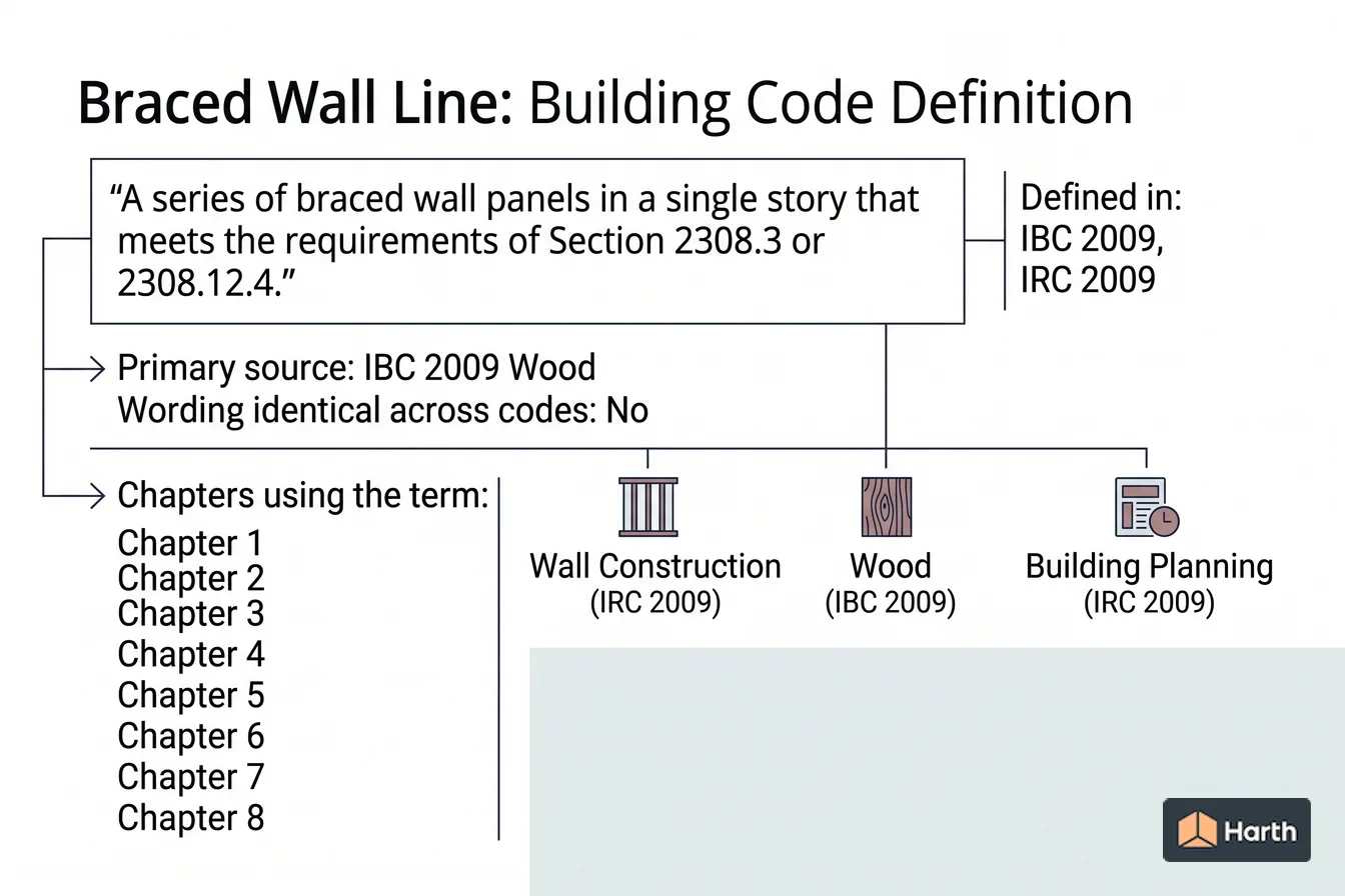 Labeled code-term definition diagram: Braced Wall Line: Building Code Definition