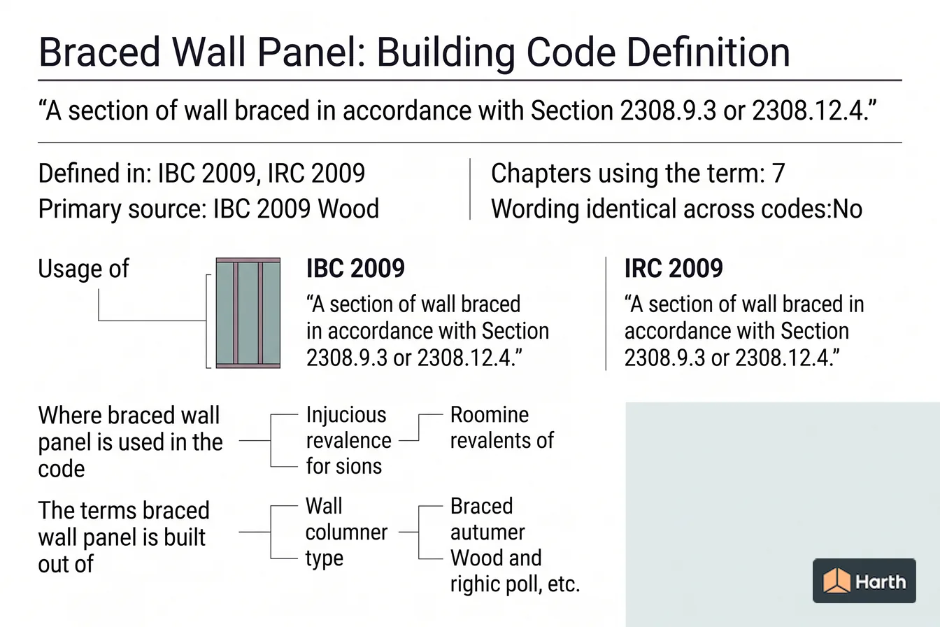Labeled code-term definition diagram: Braced Wall Panel: Building Code Definition