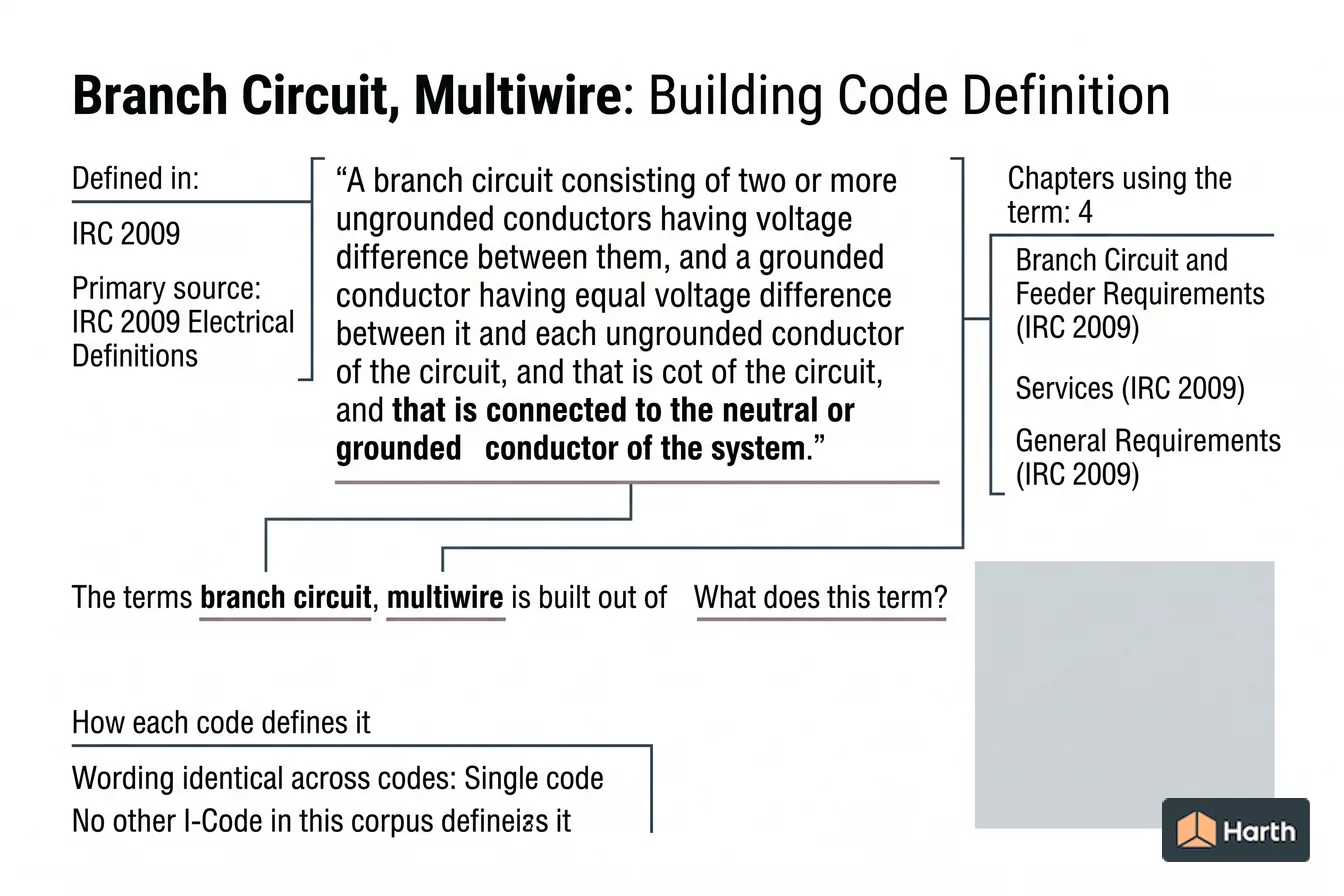 Labeled code-term definition diagram: Branch Circuit, Multiwire: Building Code Definition