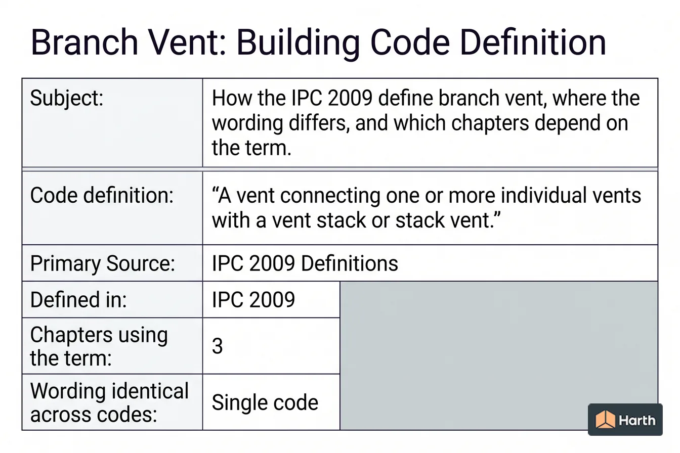 Labeled code-term definition diagram: Branch Vent: Building Code Definition
