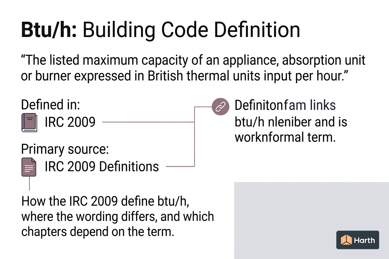 Labeled code-term definition diagram: Btu/h: Building Code Definition
