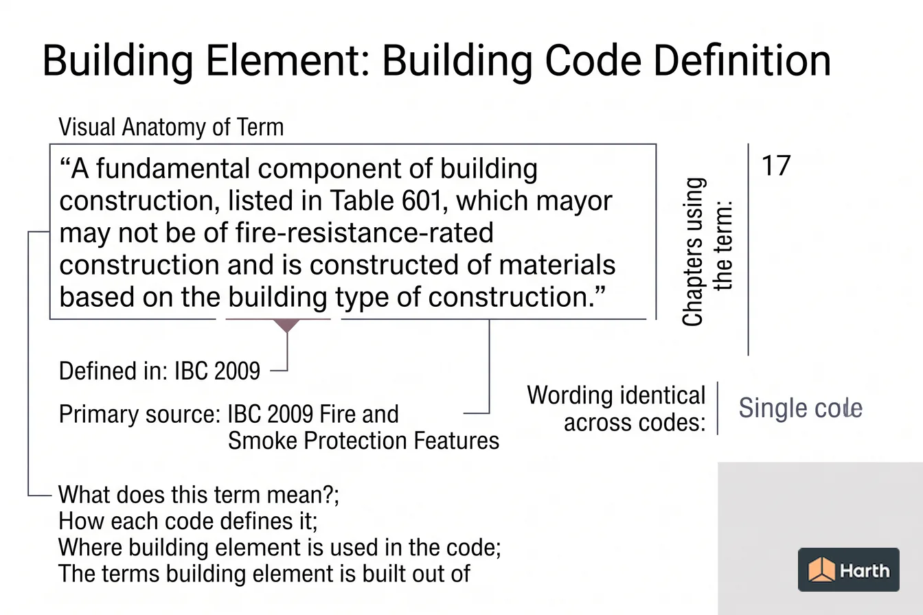 Labeled code-term definition diagram: Building Element: Building Code Definition