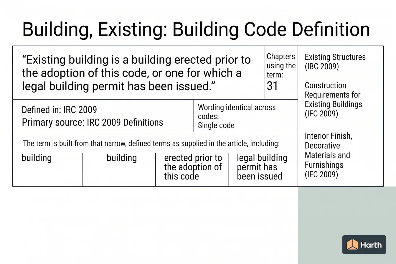 Labeled code-term definition diagram: Building, Existing: Building Code Definition