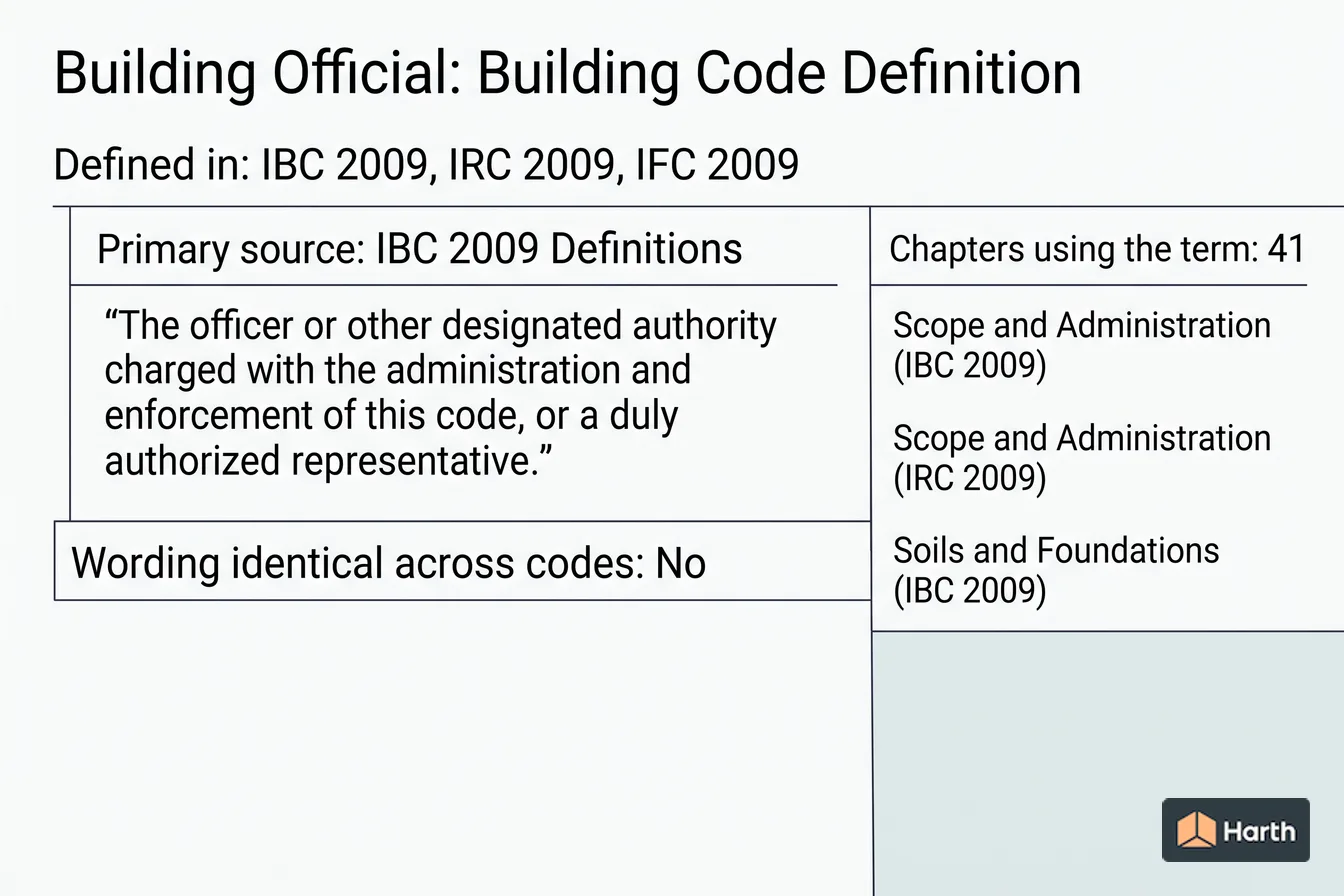 Labeled code-term definition diagram: Building Official: Building Code Definition