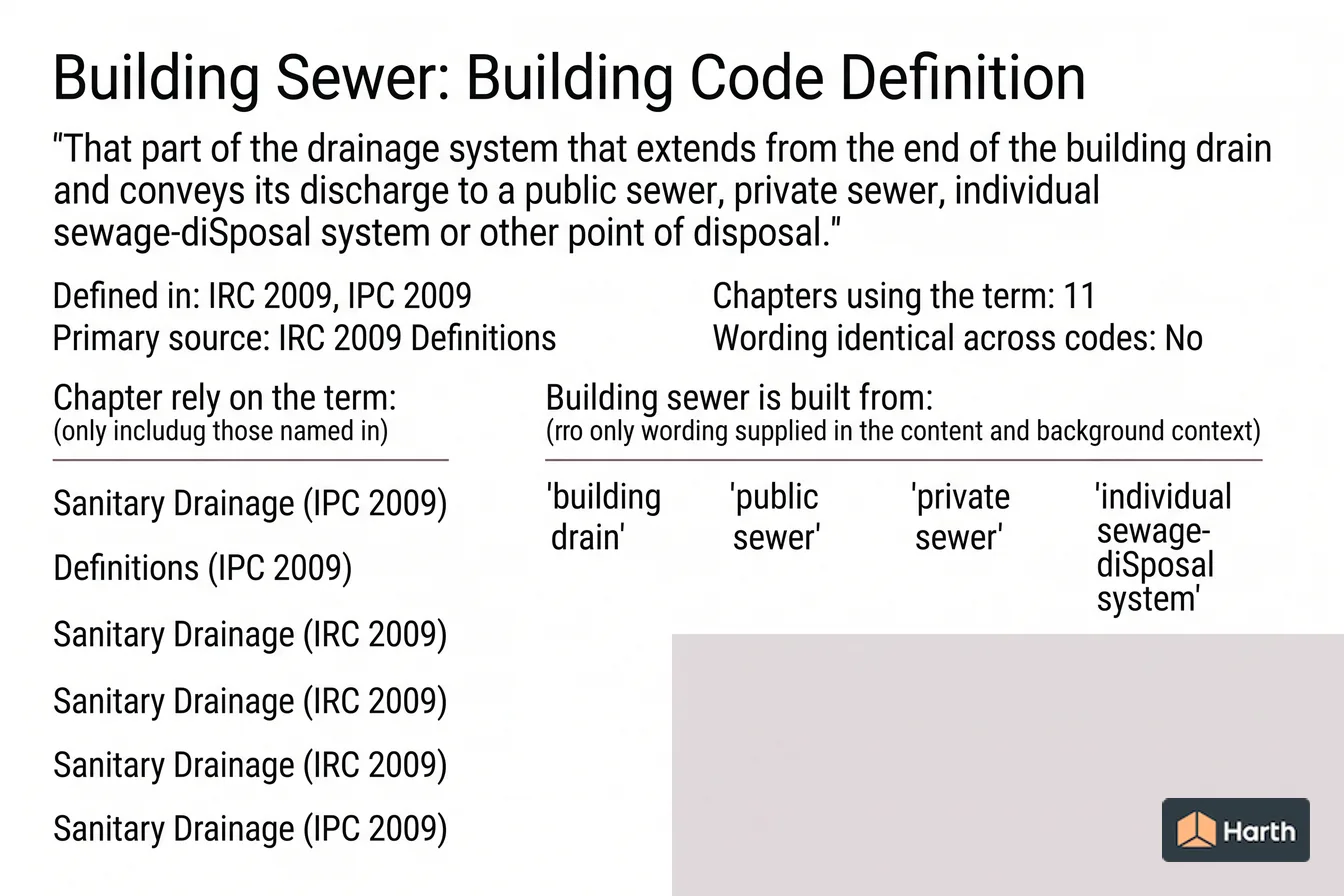 Labeled code-term definition diagram: Building Sewer: Building Code Definition