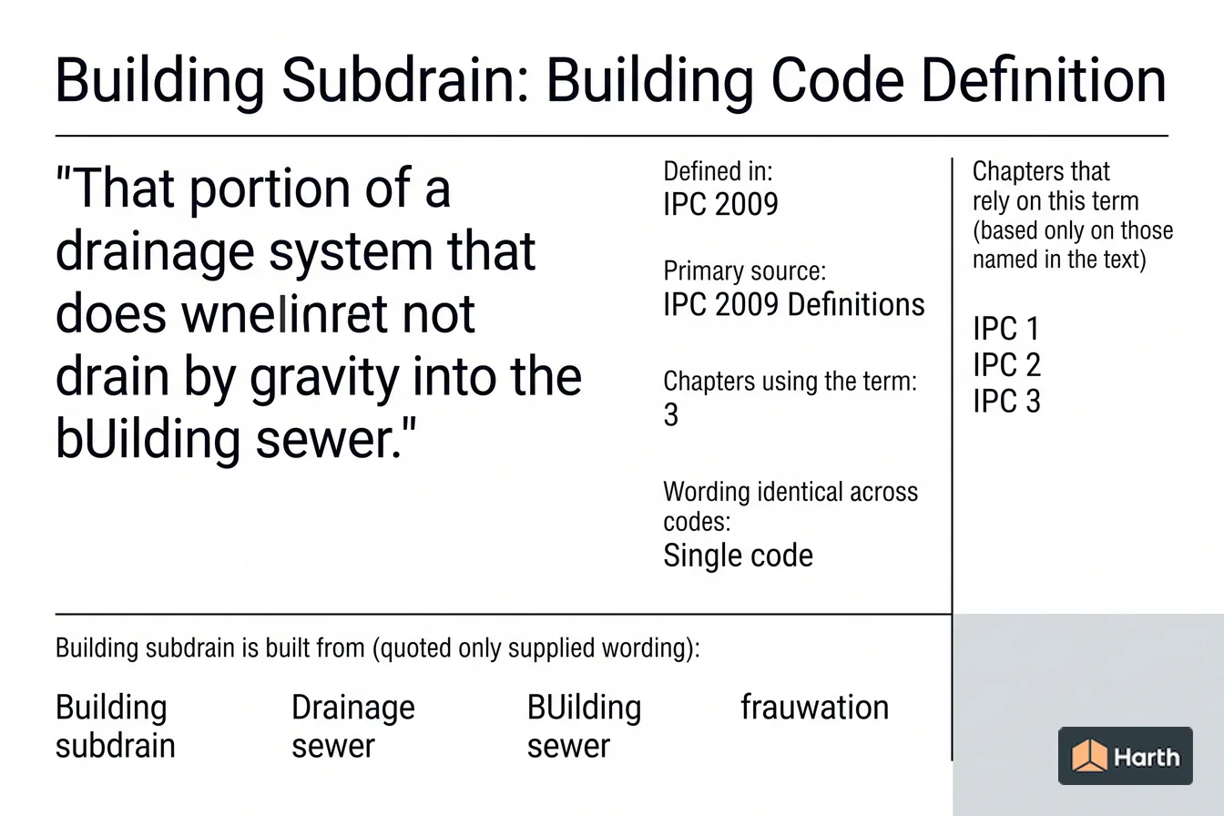 Labeled code-term definition diagram: Building Subdrain: Building Code Definition