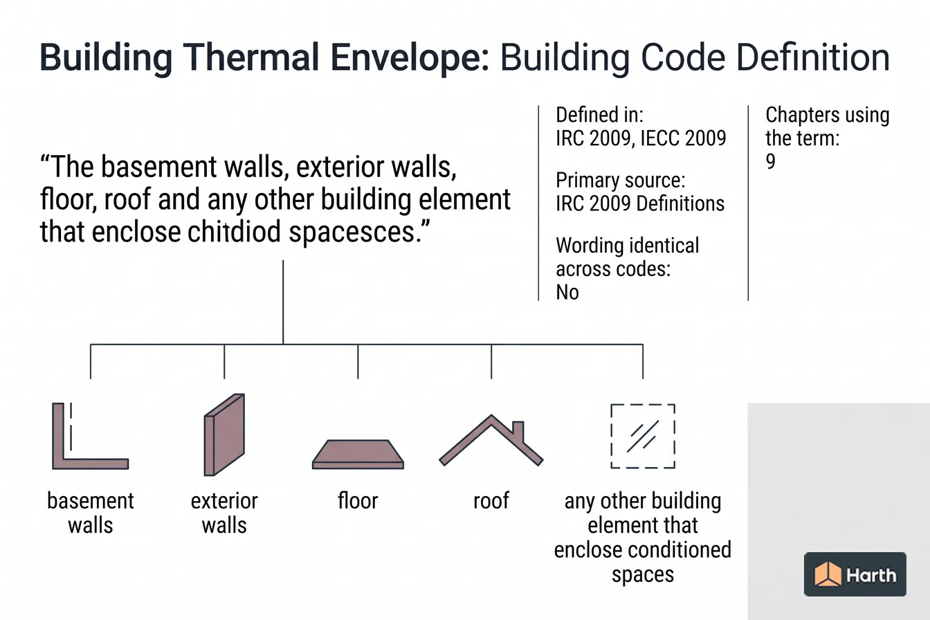 Labeled code-term definition diagram: Building Thermal Envelope: Building Code Definition