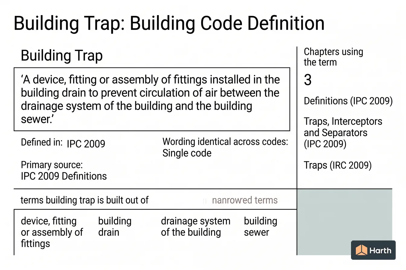 Labeled code-term definition diagram: Building Trap: Building Code Definition