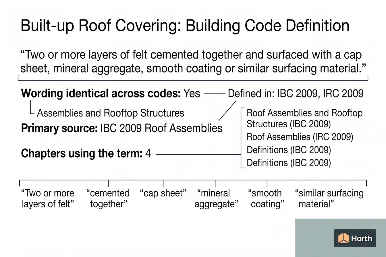 Labeled code-term definition diagram: Built-up Roof Covering: Building Code Definition
