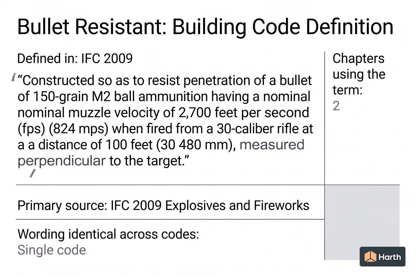 Labeled code-term definition diagram: Bullet Resistant: Building Code Definition