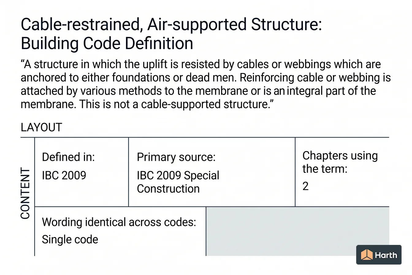 Labeled code-term definition diagram: Cable-restrained, Air-supported Structure: Building Code Definition