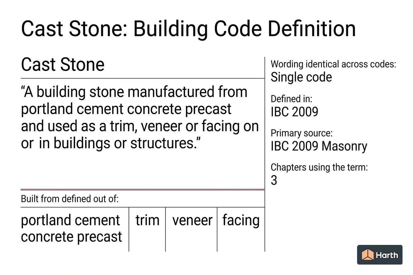 Labeled code-term definition diagram: Cast Stone: Building Code Definition