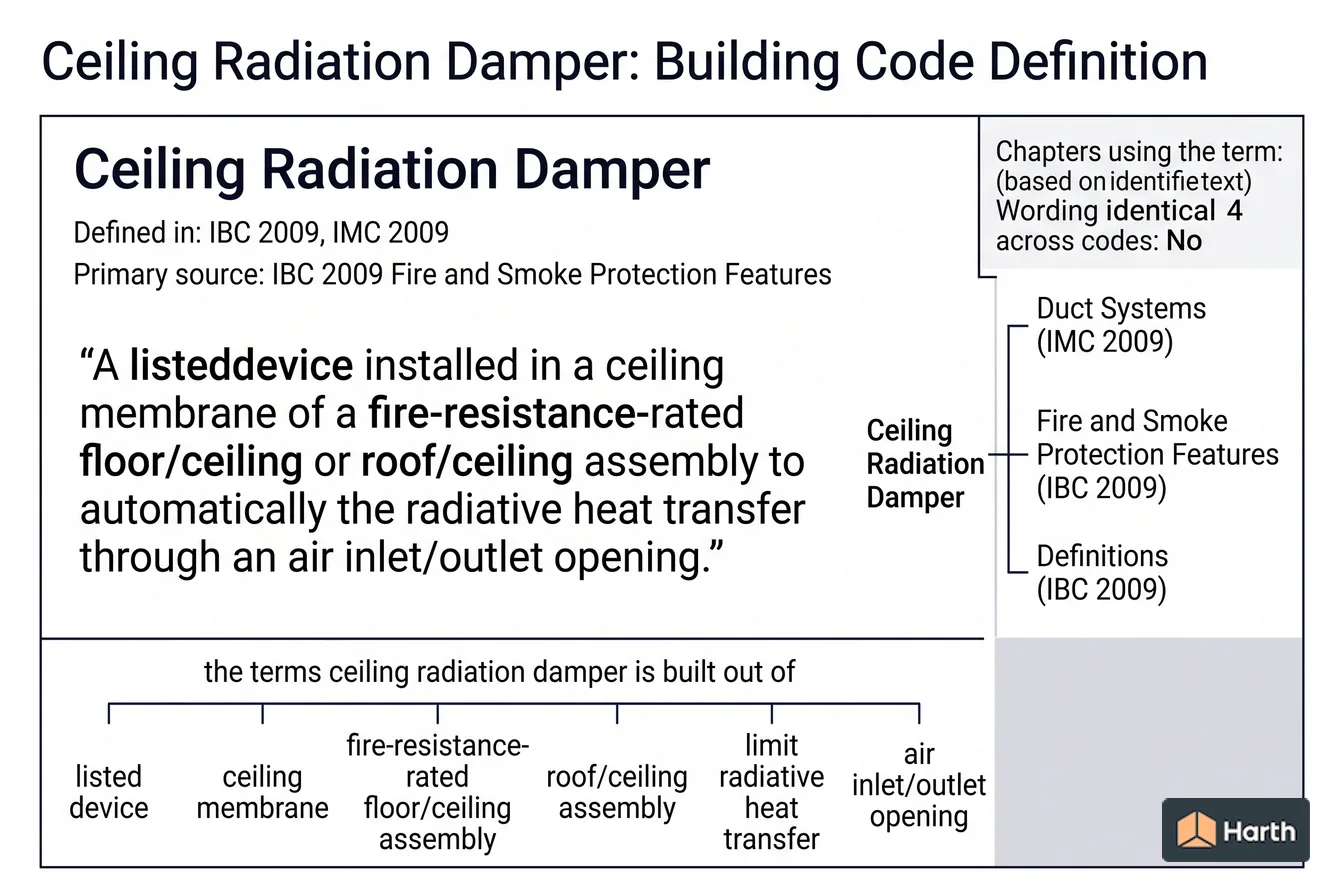 Labeled code-term definition diagram: Ceiling Radiation Damper: Building Code Definition