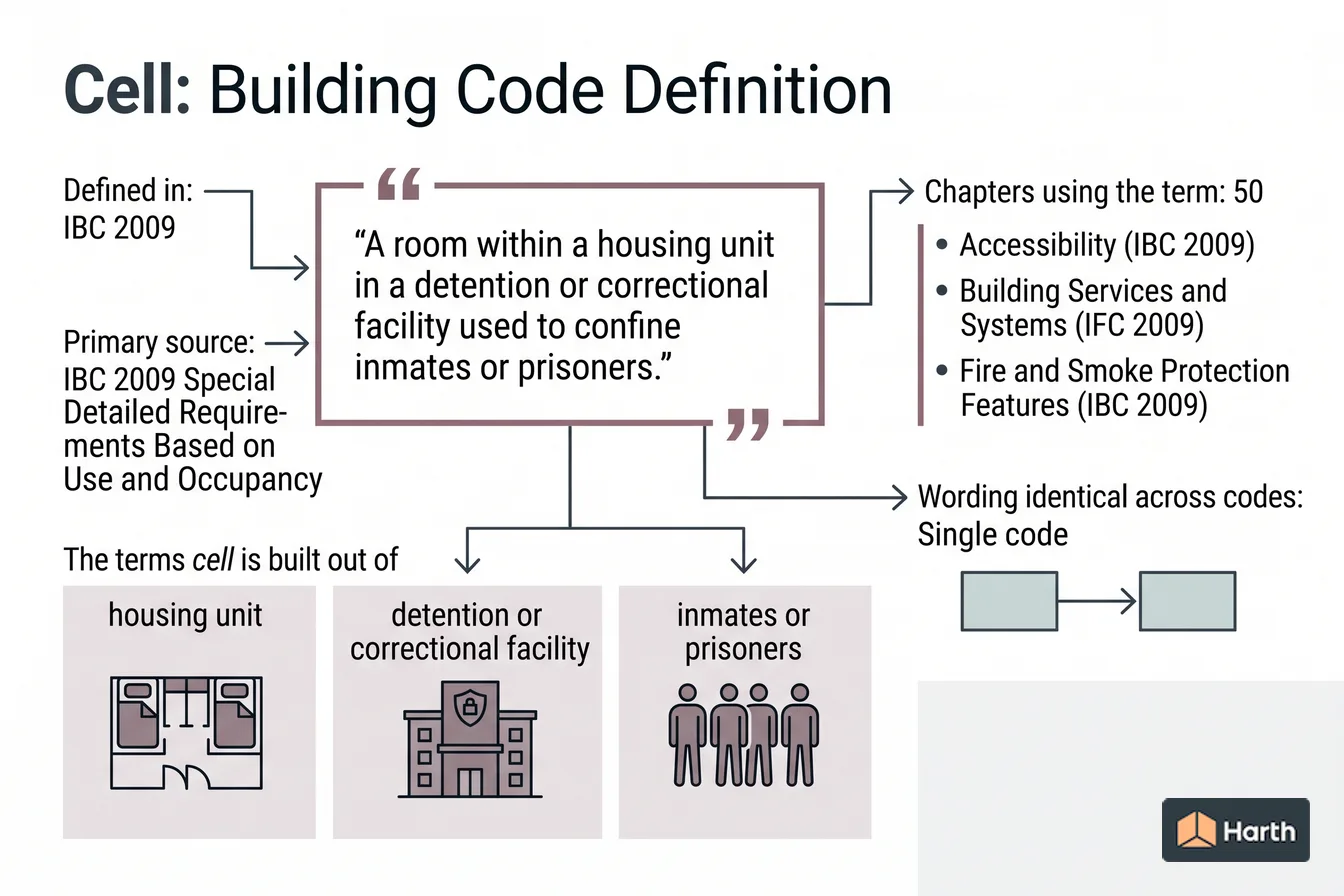Labeled code-term definition diagram: Cell: Building Code Definition