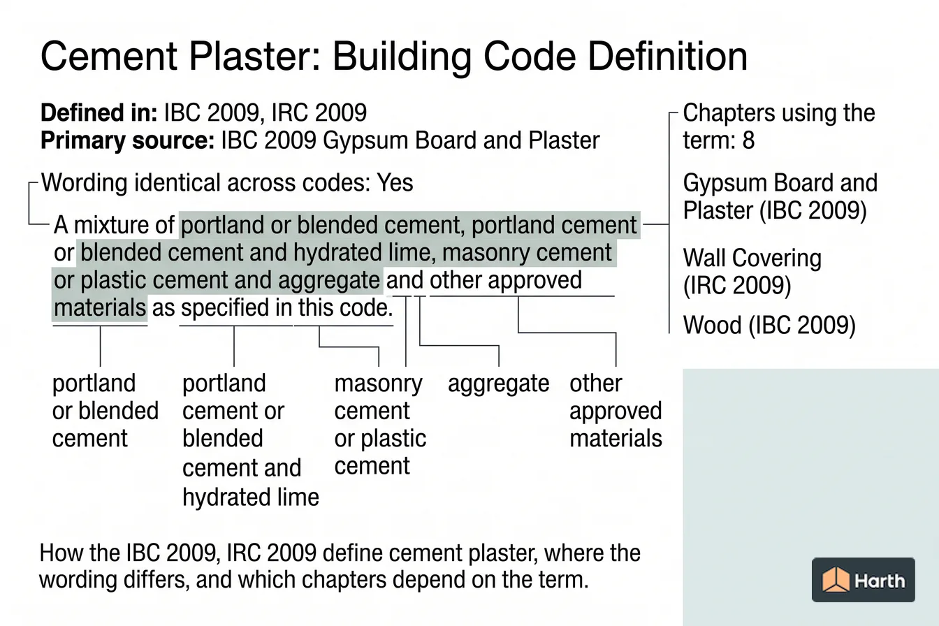 Labeled code-term definition diagram: Cement Plaster: Building Code Definition