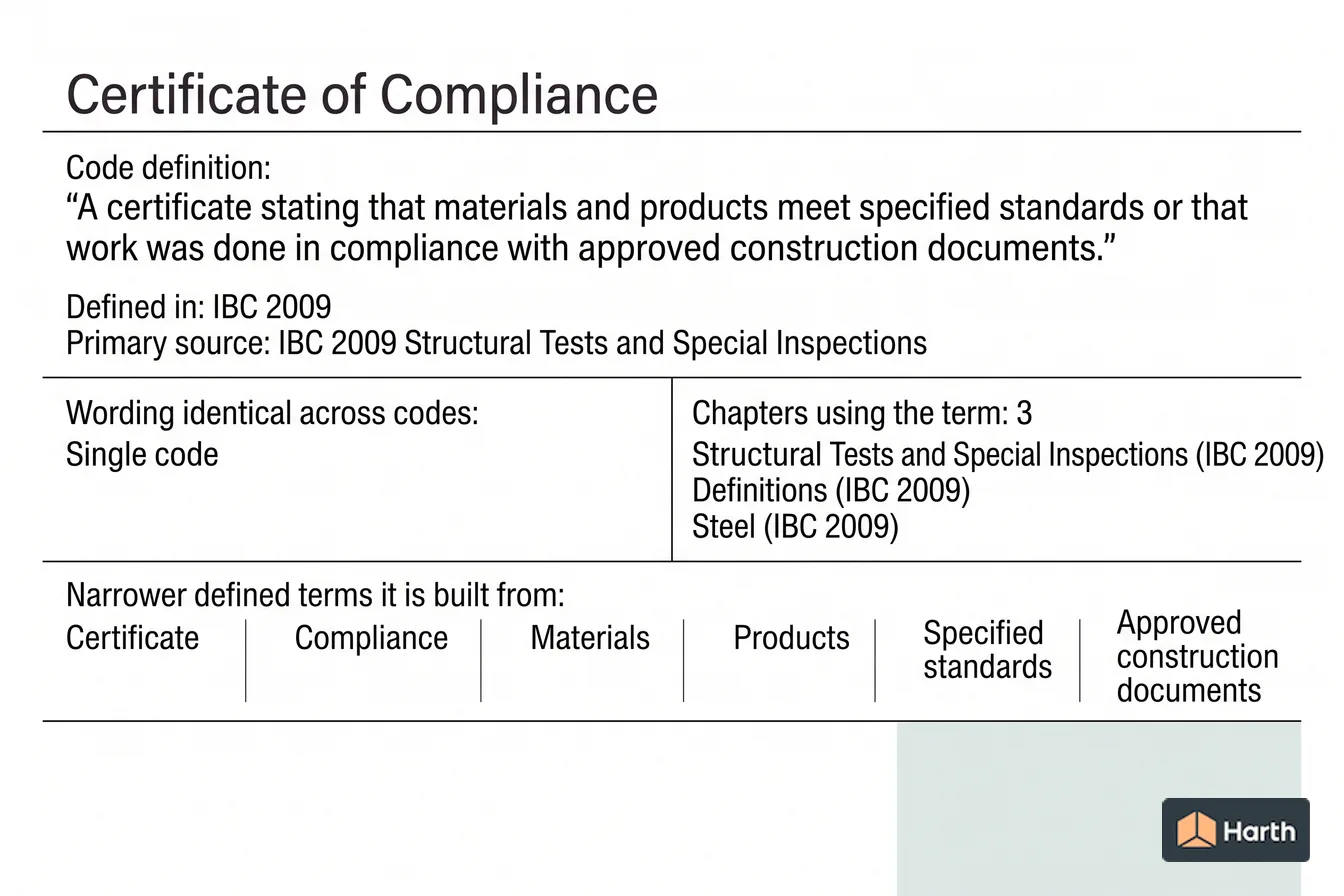 Labeled code-term definition diagram: Certificate OF Compliance: Building Code Definition