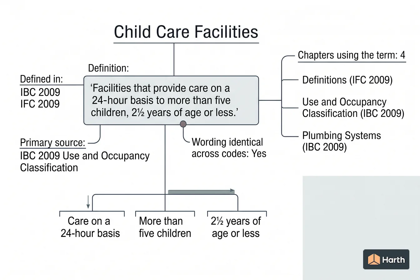 Labeled code-term definition diagram: Child Care Facilities: Building Code Definition