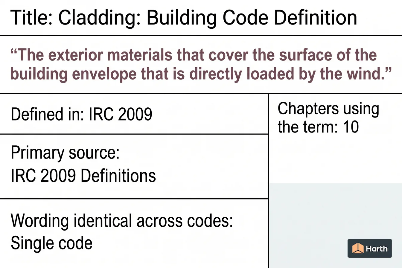 Labeled code-term definition diagram: Cladding: Building Code Definition