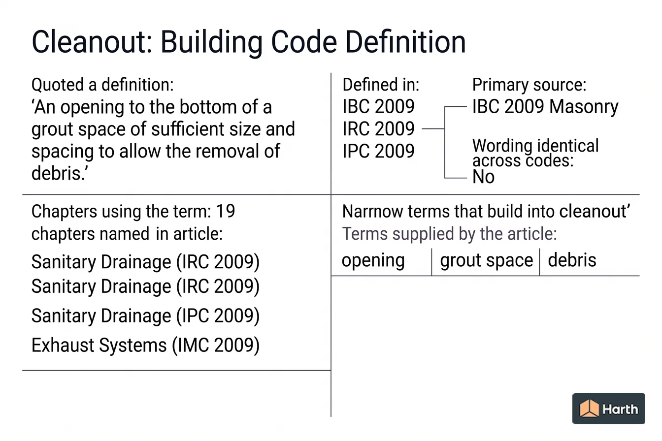 Labeled code-term definition diagram: Cleanout: Building Code Definition