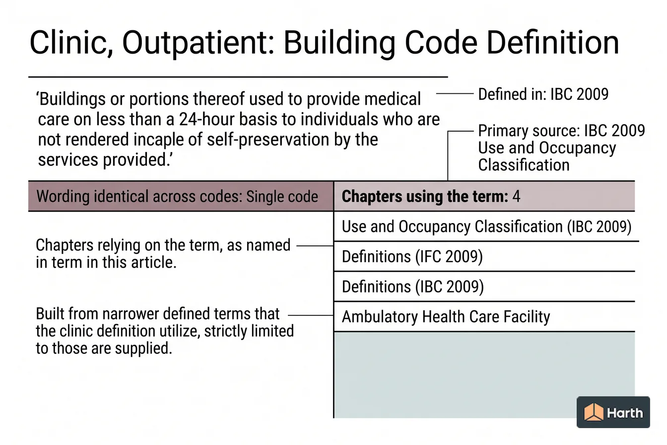 Labeled code-term definition diagram: Clinic, Outpatient: Building Code Definition