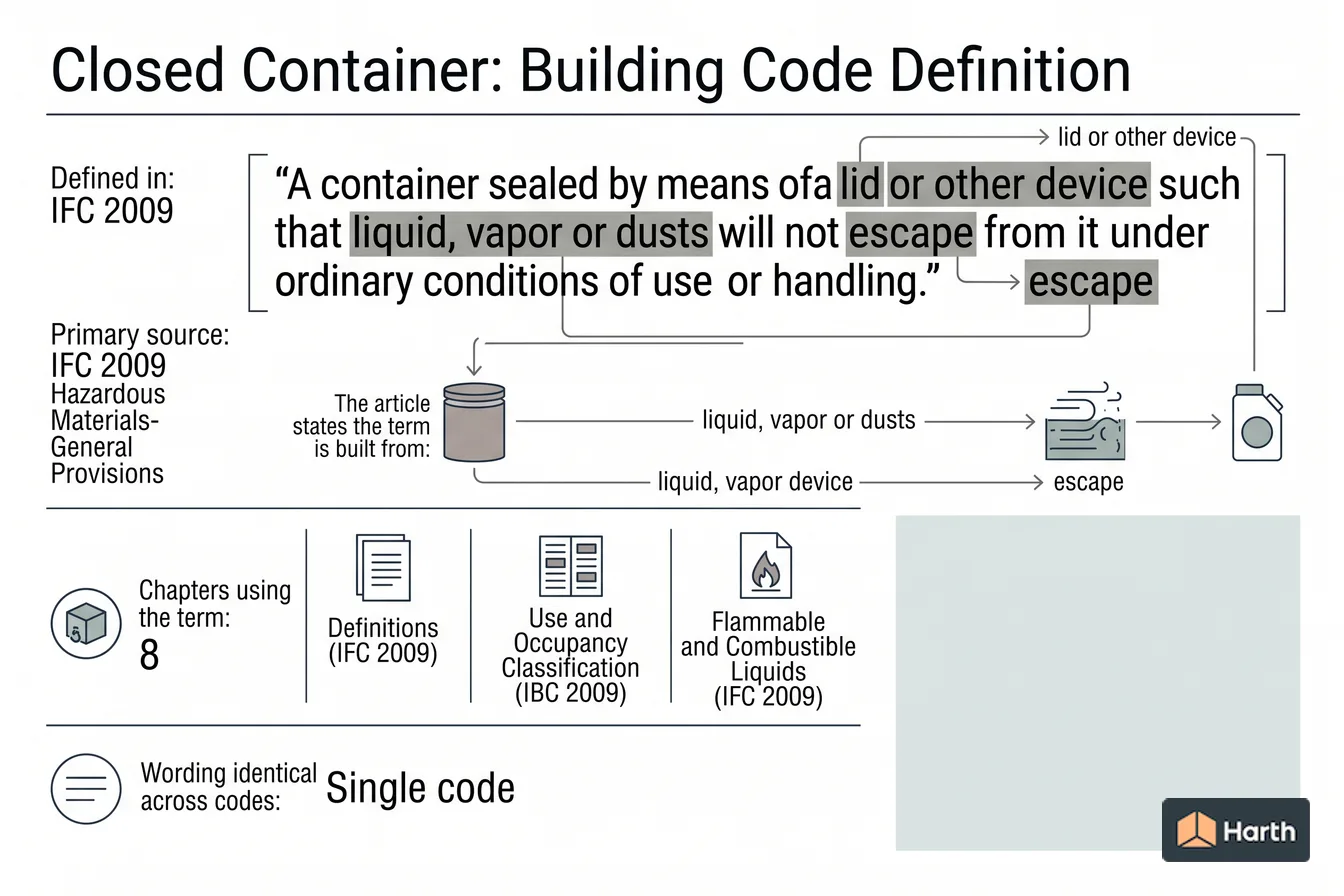 Labeled code-term definition diagram: Closed Container: Building Code Definition