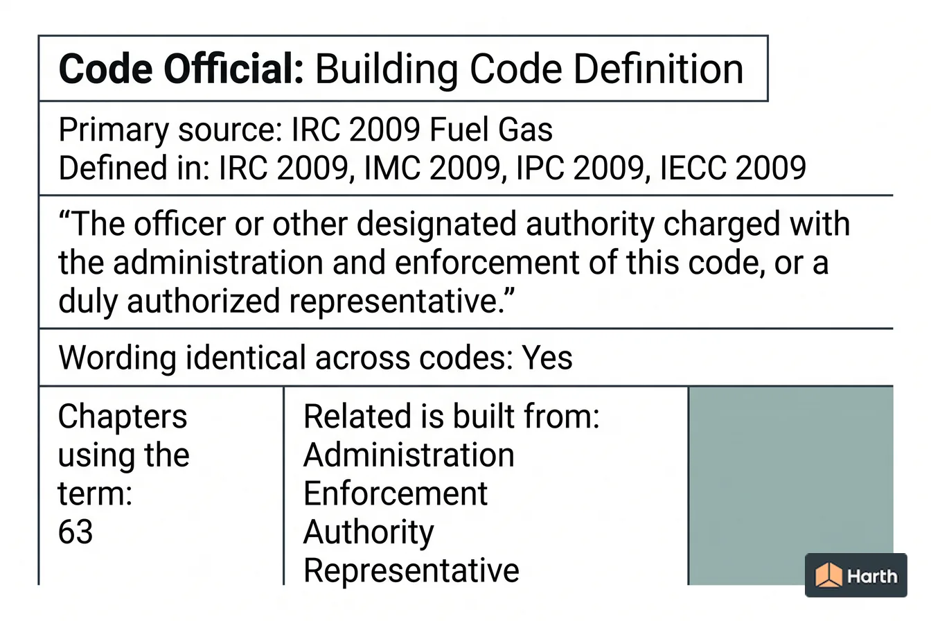 Labeled code-term definition diagram: Code Official: Building Code Definition