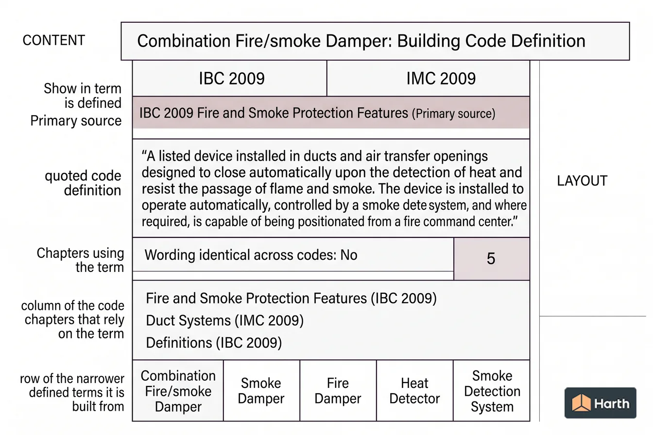 Labeled code-term definition diagram: Combination Fire/smoke Damper: Building Code Definition