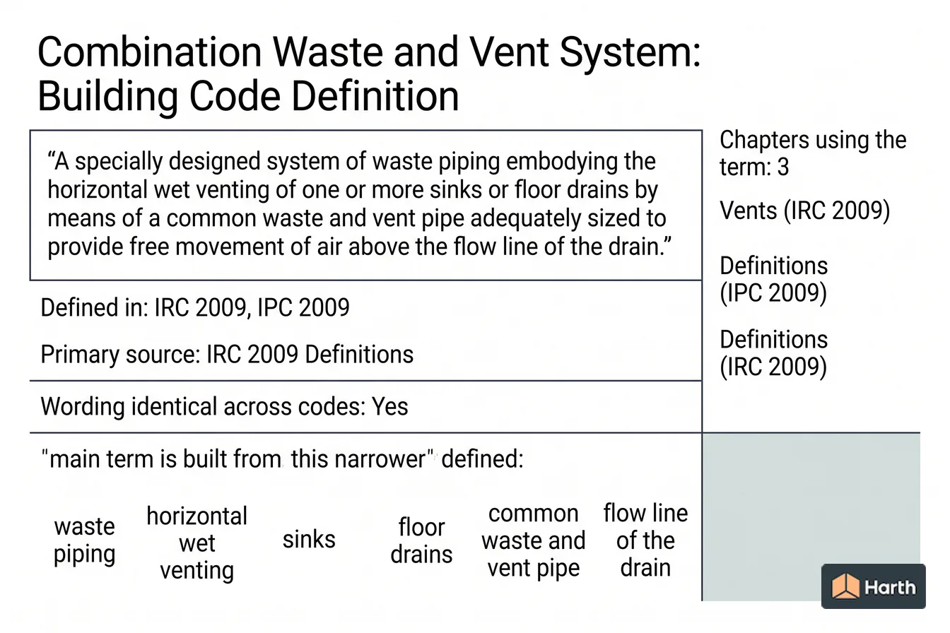 Labeled code-term definition diagram: Combination Waste and Vent System: Building Code Definition