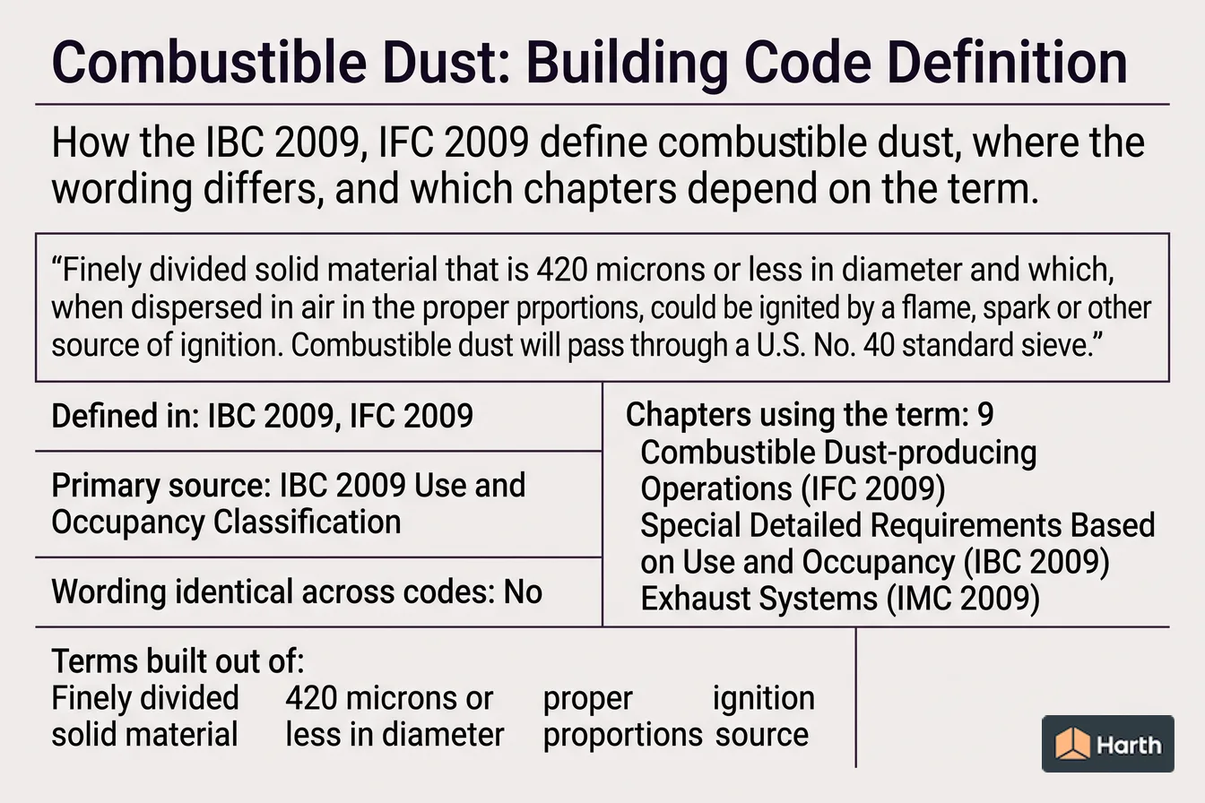 Labeled code-term definition diagram: Combustible Dust: Building Code Definition
