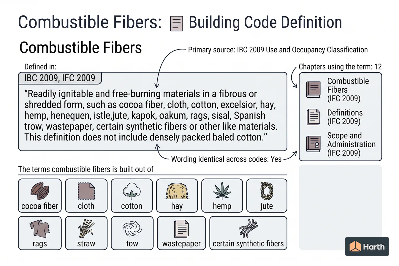Labeled code-term definition diagram: Combustible Fibers: Building Code Definition