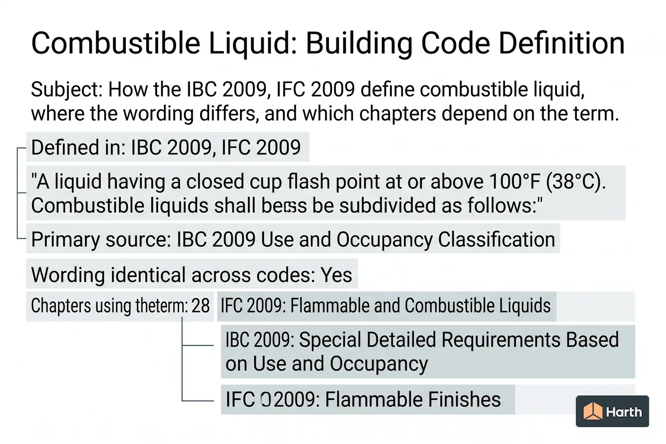 Labeled code-term definition diagram: Combustible Liquid: Building Code Definition