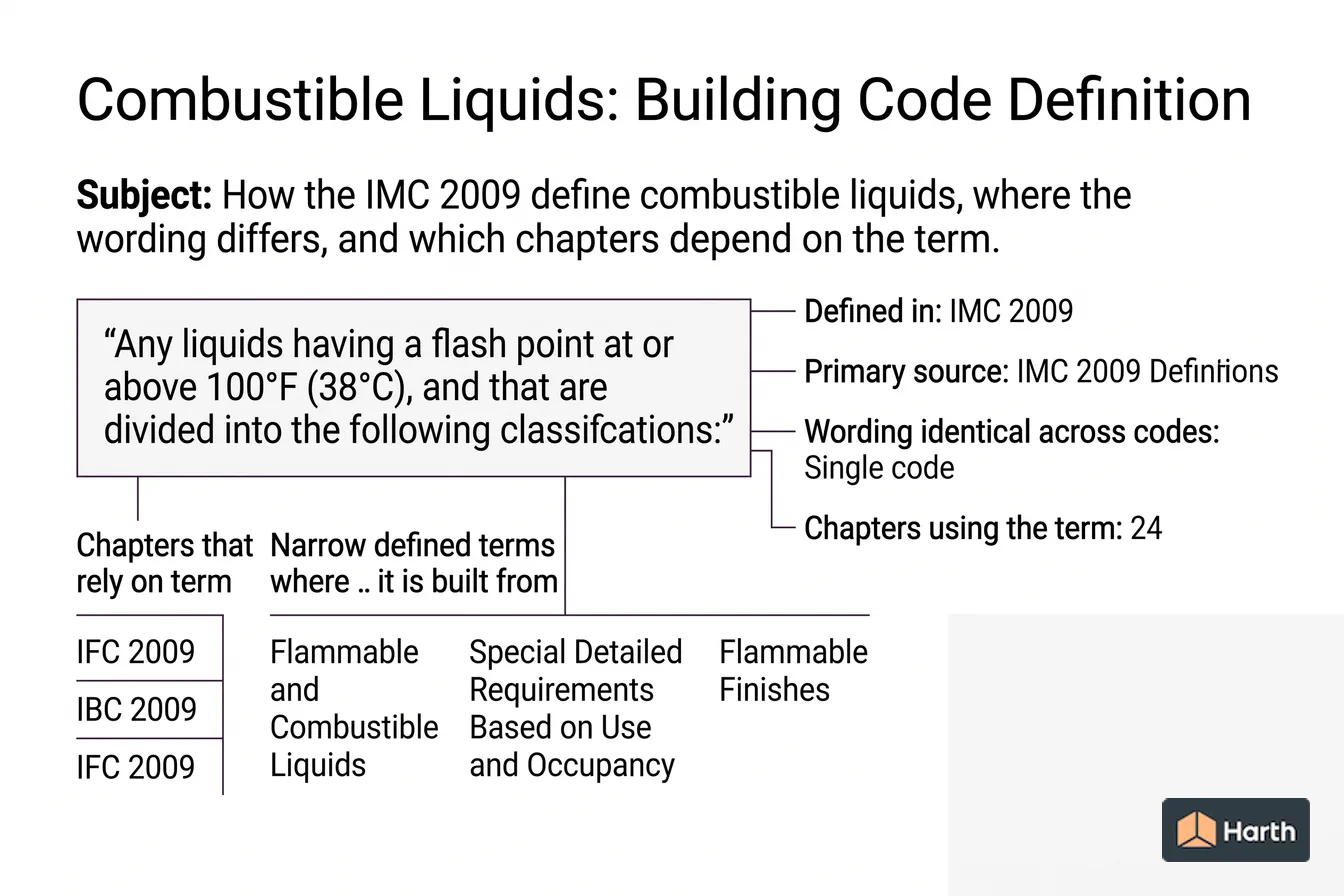 Labeled code-term definition diagram: Combustible Liquids: Building Code Definition