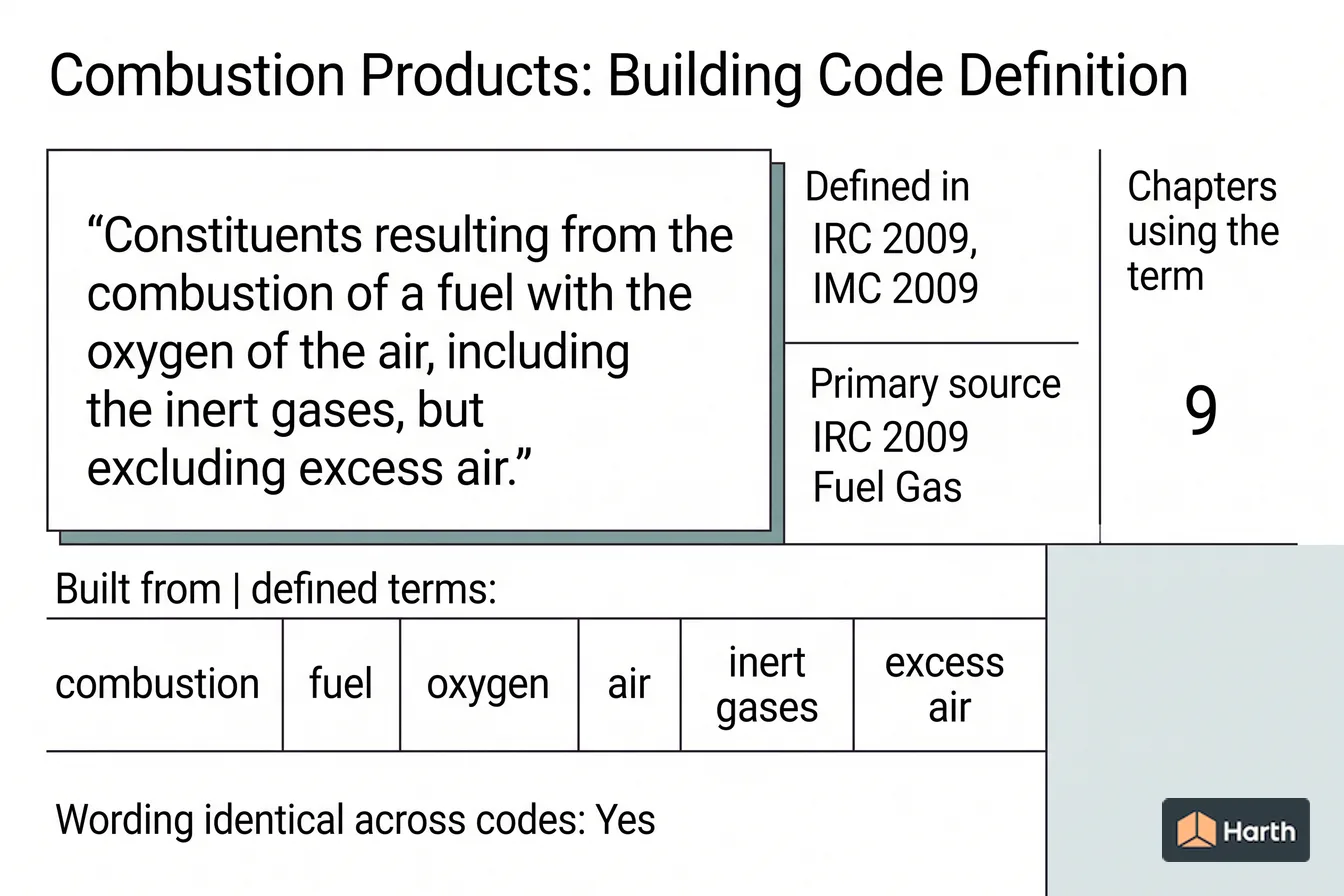 Labeled code-term definition diagram: Combustion Products: Building Code Definition