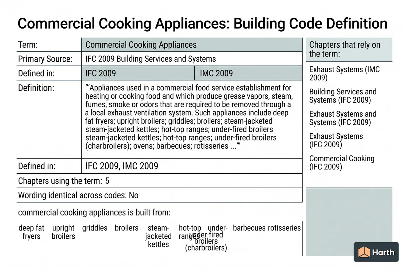 Labeled code-term definition diagram: Commercial Cooking Appliances: Building Code Definition