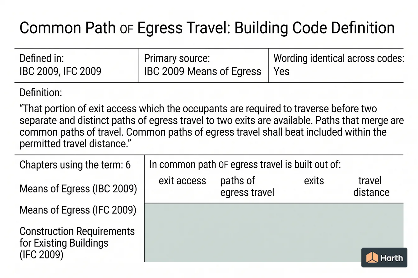 Labeled code-term definition diagram: Common Path OF Egress Travel: Building Code Definition