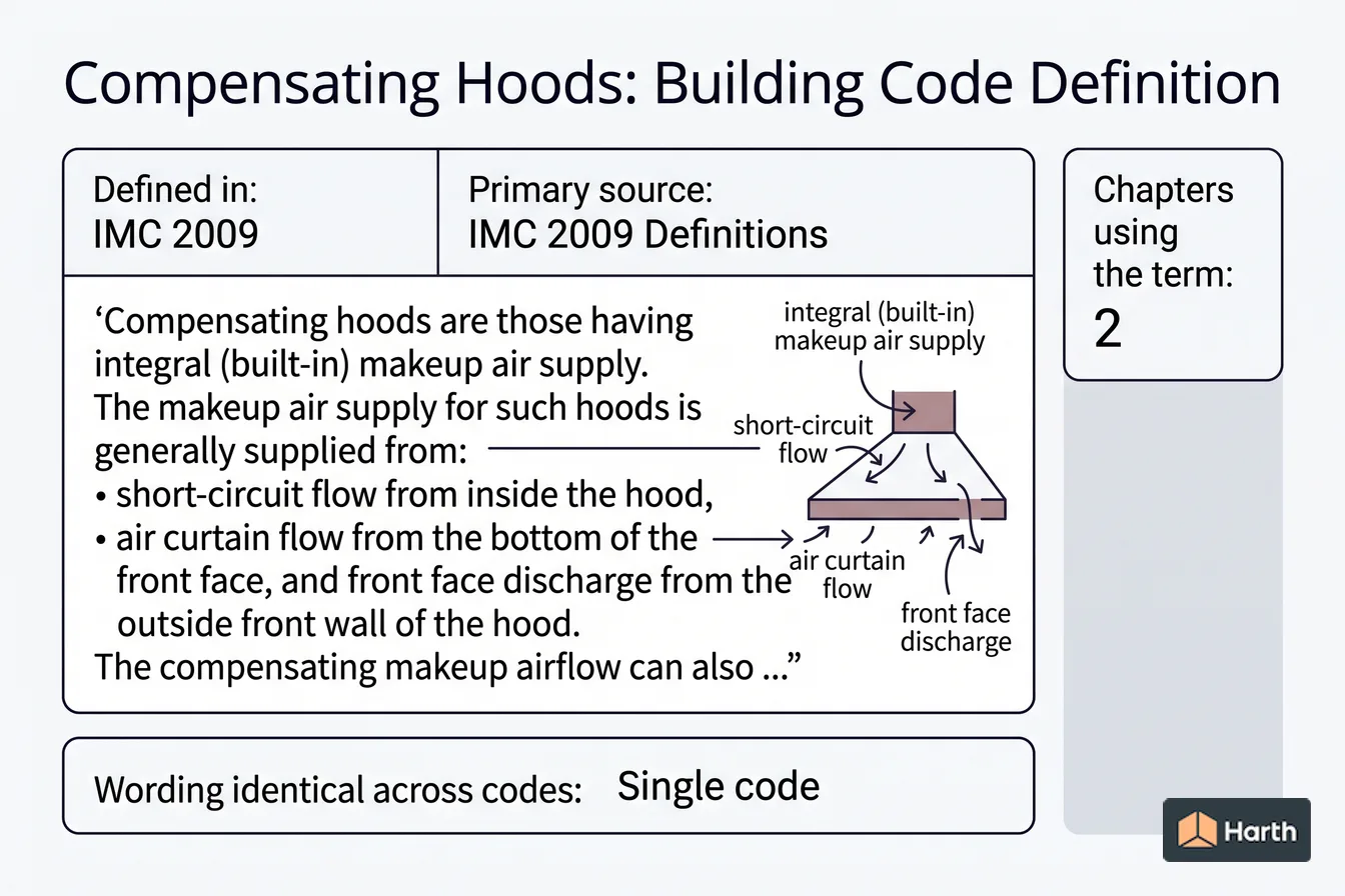 Labeled code-term definition diagram: Compensating Hoods: Building Code Definition