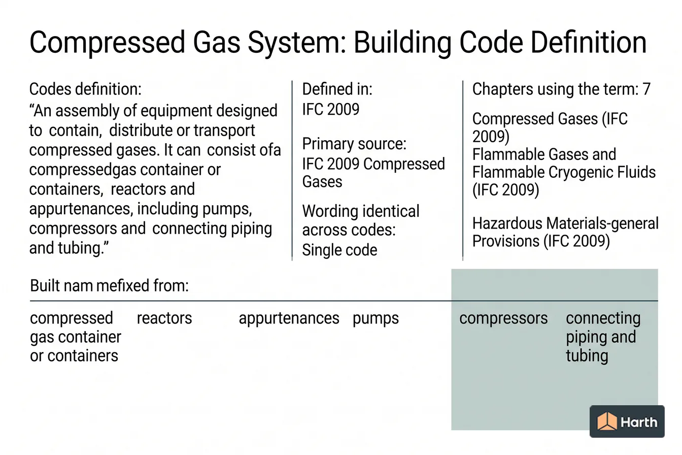 Labeled code-term definition diagram: Compressed Gas System: Building Code Definition