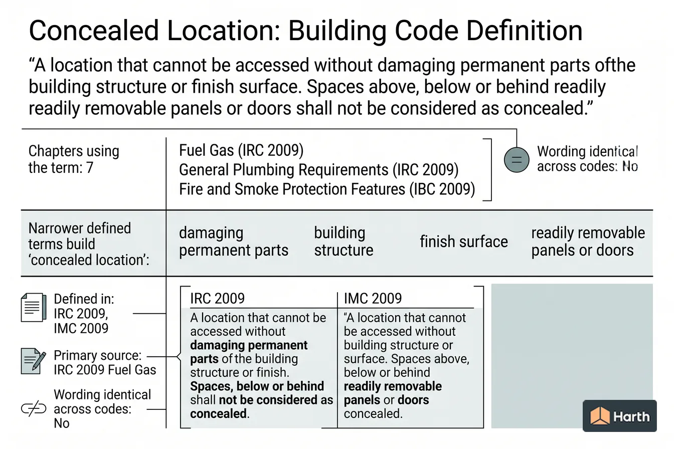 Labeled code-term definition diagram: Concealed Location: Building Code Definition