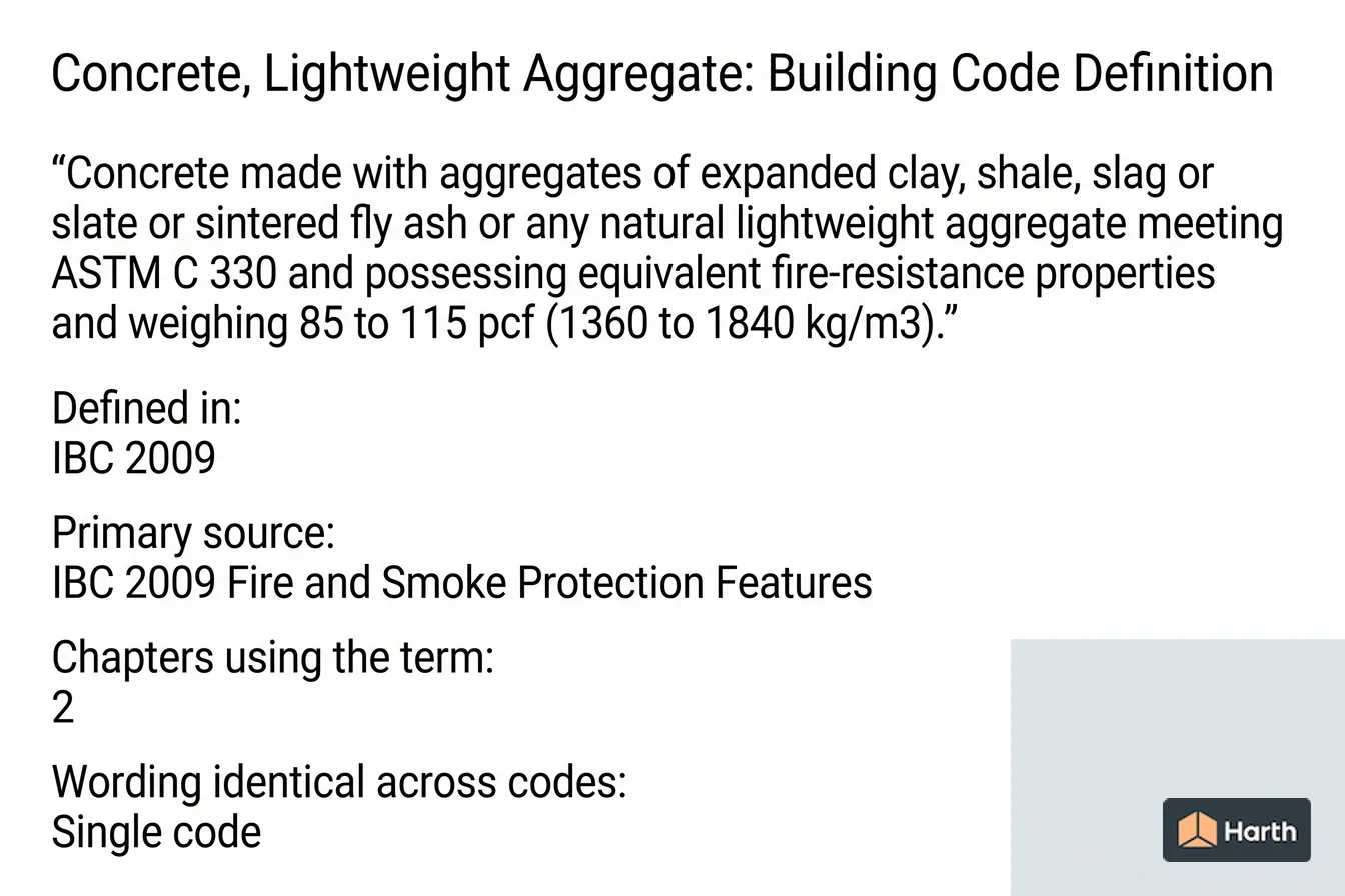 Labeled code-term definition diagram: Concrete, Lightweight Aggregate: Building Code Definition